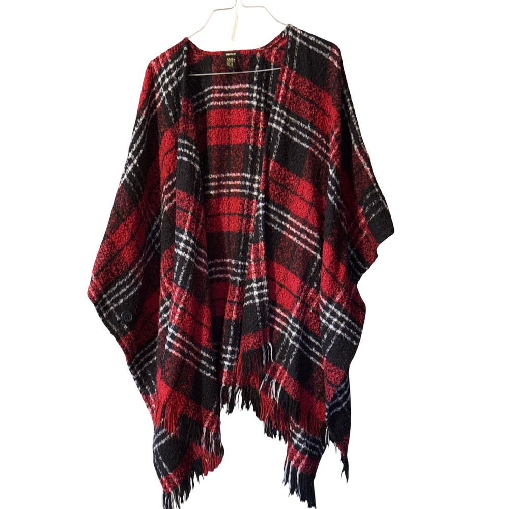 Forever 21‎ Red Black Plaid Fringe Open Front One Size Cape Poncho